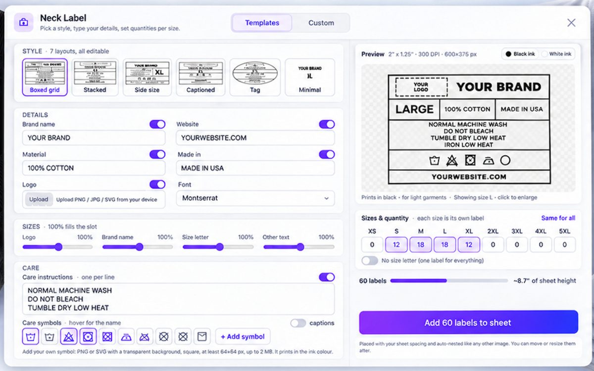 Neck Label Creator panel in Gang Sheet PRO: layout styles, brand details, care instructions, live preview
