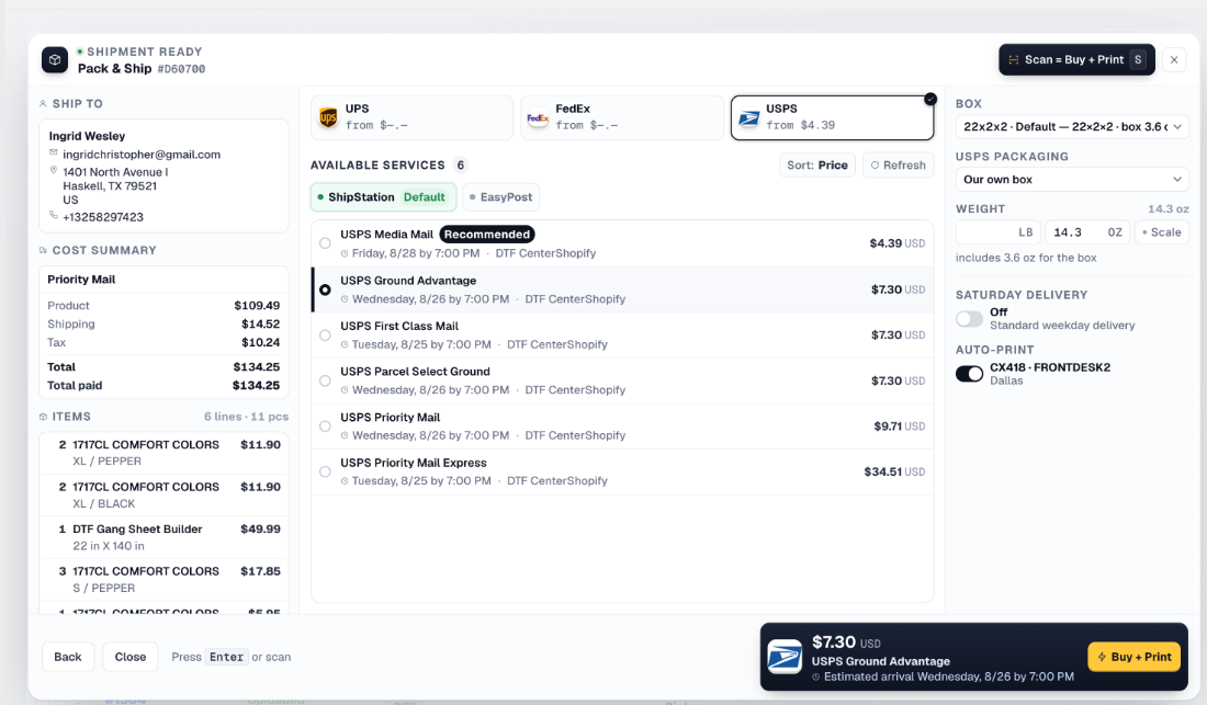 Pack and ship rate shopping screen