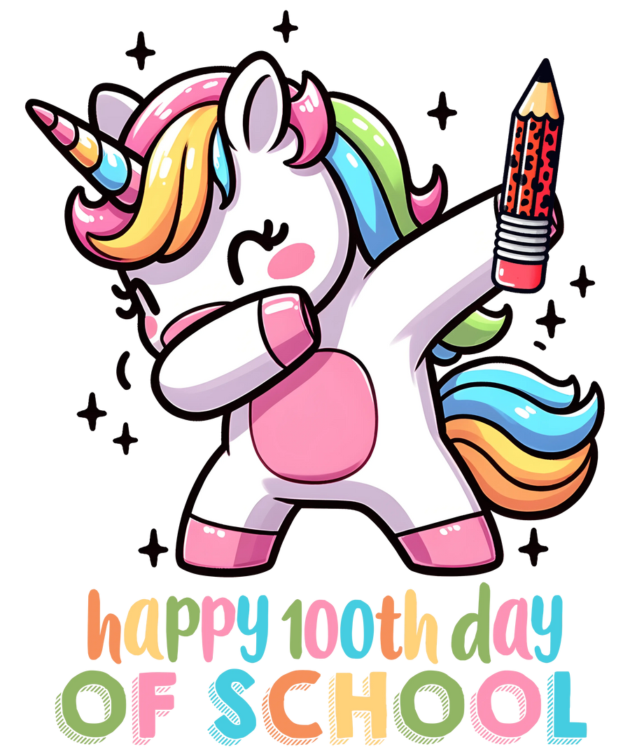 Feliz día número 100 de clases Diseño de unicornio para pintar - DTF listo para imprimir