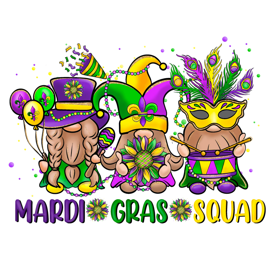Mardi Gras Squad Gnome Design - DTF Ready To Press