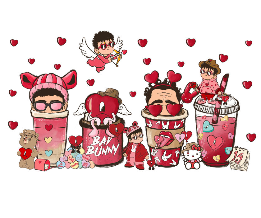 Bad Bunny And Hello Kitty Valentine Coffee Design - DTF Ready To Press - DTF Center