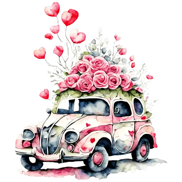 Valentine's Day Car And Roses Design - DTF Ready To Press