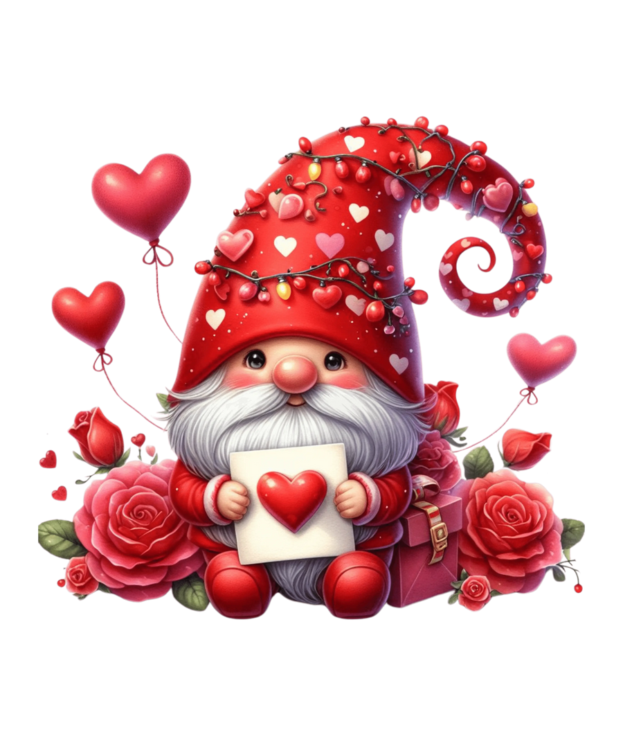 Gnome And Roses Valentine's Day Heart Design - DTF Ready To Press