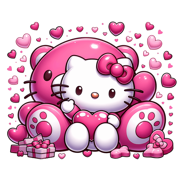 Hello Kitty Valentine's Day Teddy Bear Design - DTF Ready To Press - DTF Center 